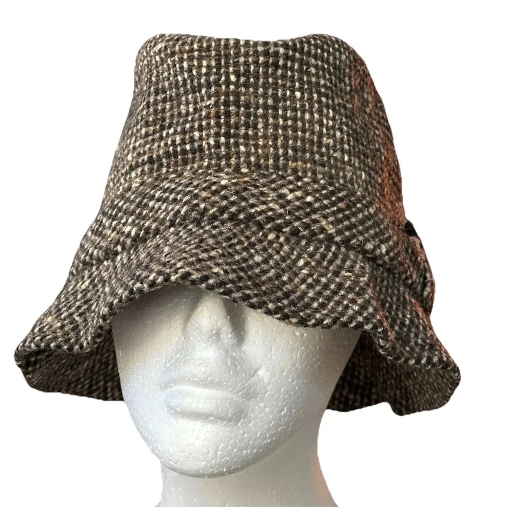 Vtg David Hanna Tweed Bucket Hat Donegal Ireland Wool 7.25 Brown Missing Feather